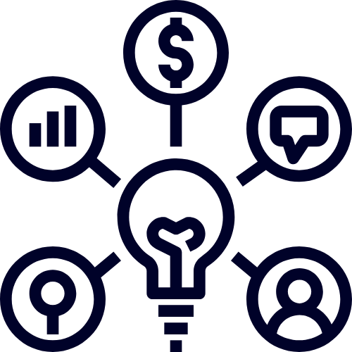 Icon representing interconnected business concepts such as finance, communication, research, and user engagement.