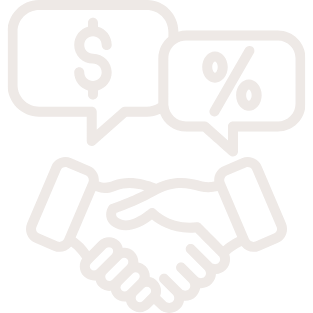 Handshake with speech bubbles showing a dollar sign and a percentage symbol