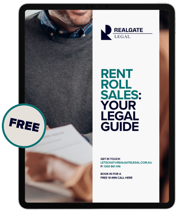 A digital tablet displaying a legal guide titled 'Rent Roll Sales: Your Legal Guide' from Realgate Legal, including contact information and a free consultation offer.