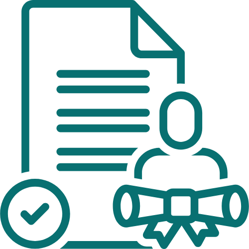 Icon of a document with a check mark, a person, and a diploma ribbon, symbolizing certification or approval.