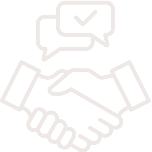 Outline of two hands shaking with speech bubbles and a checkmark above them.
