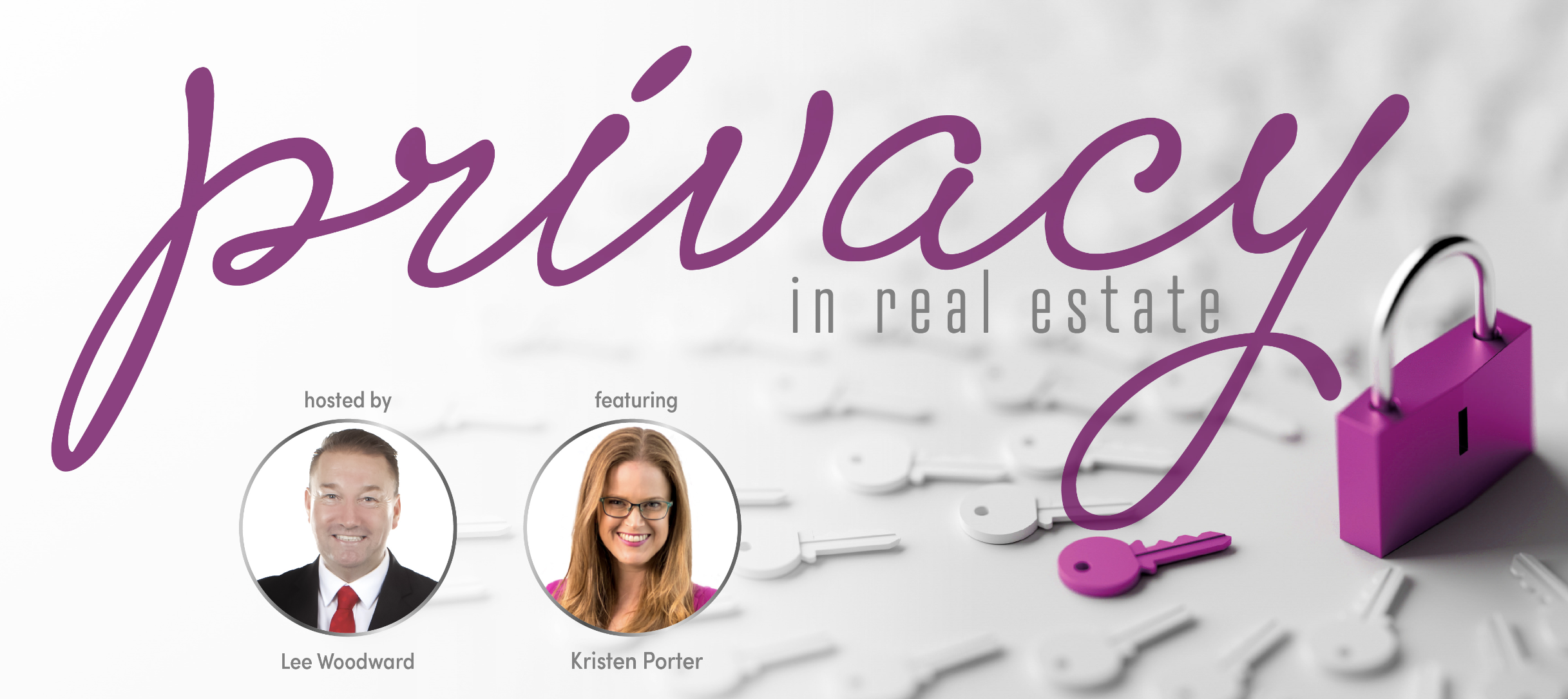 A promotional graphic for a real estate event titled 'Privacy in real estate' with photos of host Lee Woodward and guest Kristen Porter, featuring a pink padlock and key on a background of white puzzle pieces.