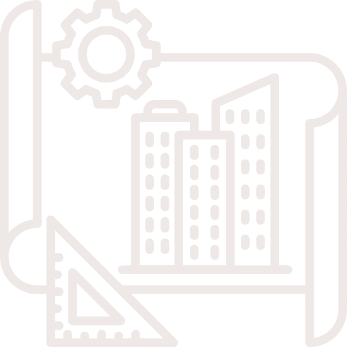 Line drawing of a city skyline with a gear and a ruler overlay, symbolizing urban planning or engineering.