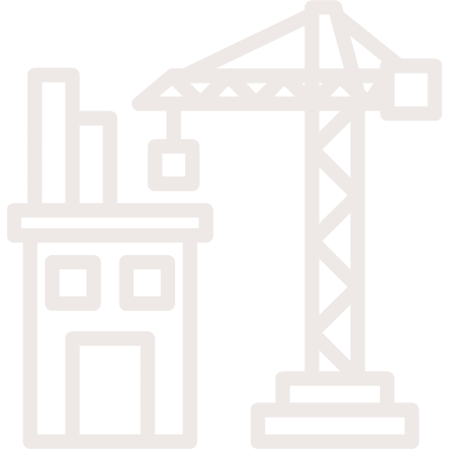 Line drawing of a construction site with a building under construction and a tower crane.