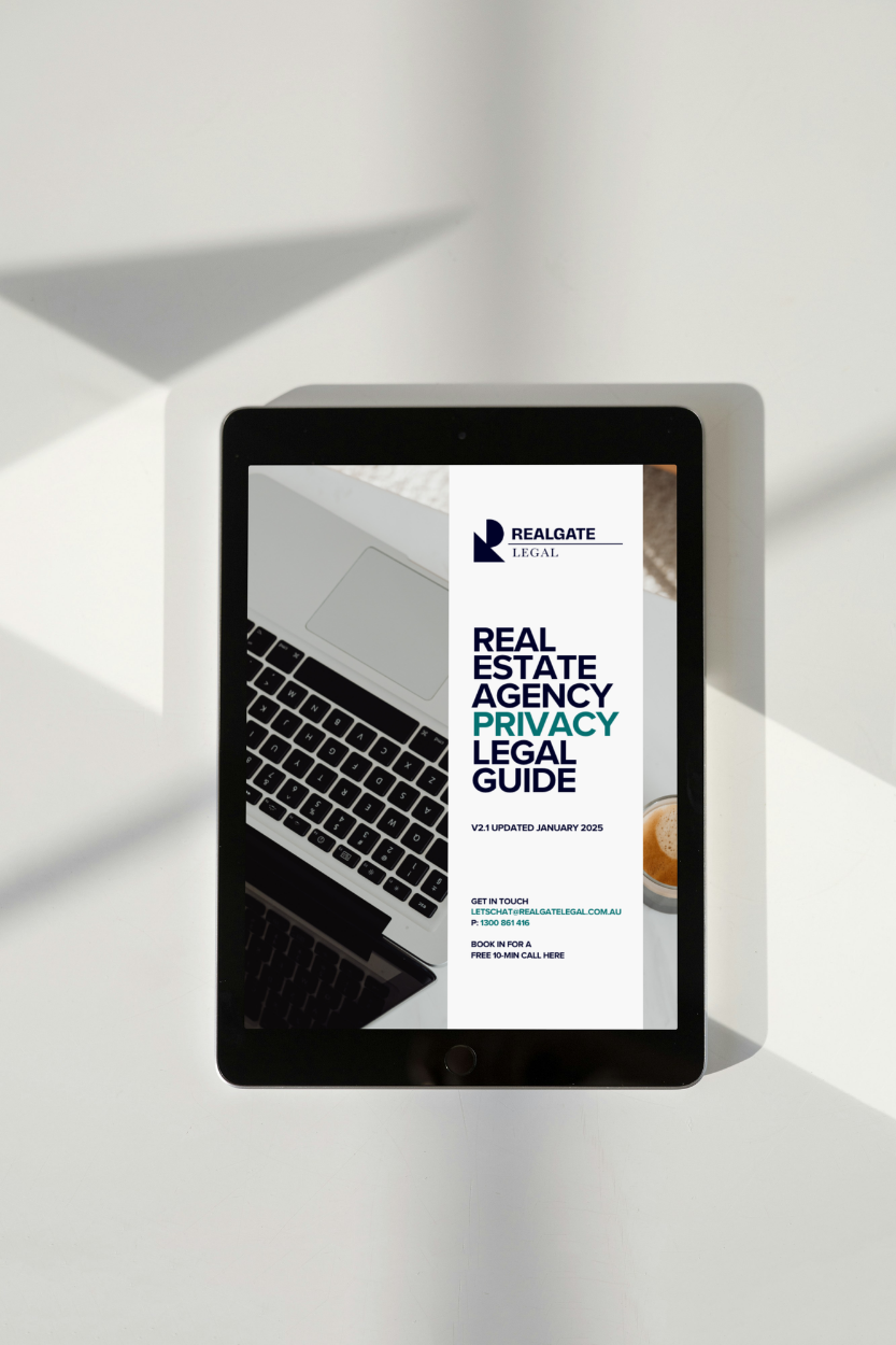Digital device displaying a legal guide for real estate agencies.