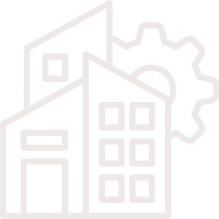Line drawing of a factory or industrial building with a gear in the background.
