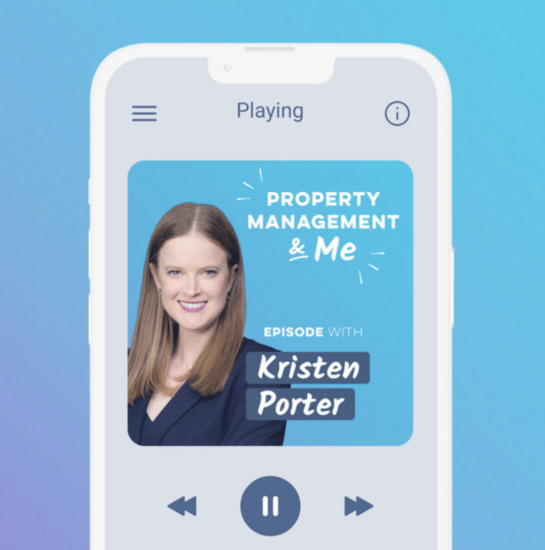 Mobile phone screen showing a podcast episode titled 'Property Management & Me' with a photo of a smiling woman, Kristen Porter, on a blue background.