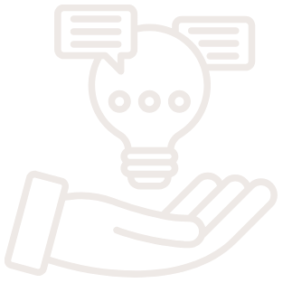 Hand holding a lightbulb with speech bubbles above it, representing ideas and communication
