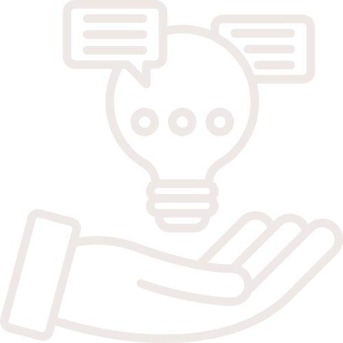 Outline of a hand holding a light bulb with speech bubbles above it, symbolizing ideas and communication.