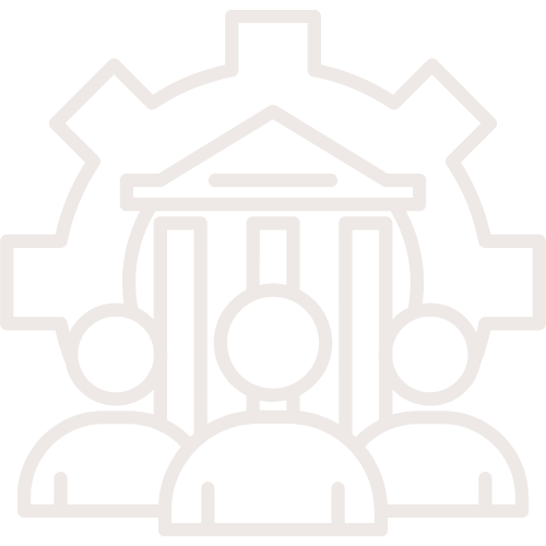 Outline of a government building with a roof and columns, surrounded by a gear, with three people figures below.