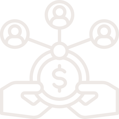 Outline illustration of hands holding a coin with a dollar sign, connected to four user icons representing financial or business networking.