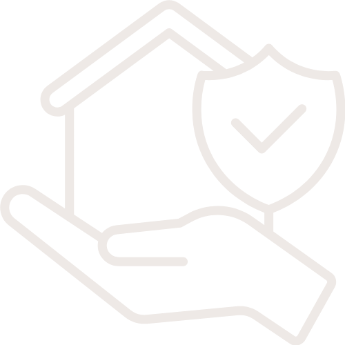 Outline of a house with a hand underneath and a shield with a checkmark, representing home protection or home security.