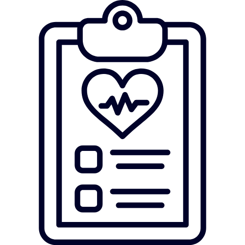 Icon of a clipboard with a heart and heartbeat line, and checkboxes.