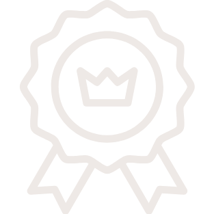Black and white badge with a crown in the center and ribbon at the bottom.