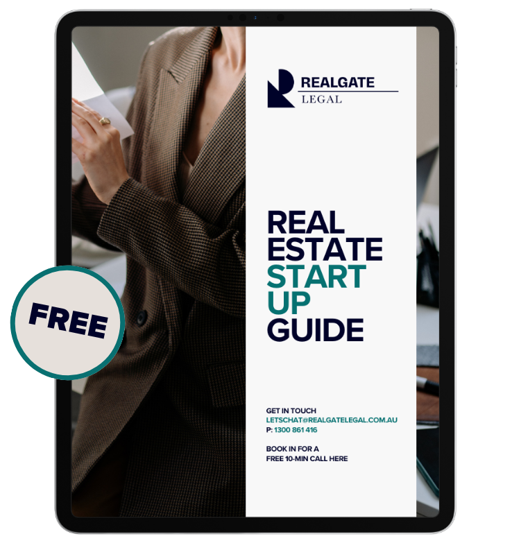 A promotional digital flyer displayed on a tablet for REALGATE LEGAL, offering a free guide on starting in real estate. The flyer features a woman in a brown checkered blazer holding a document, with contact information and a 'FREE' badge on the left side.