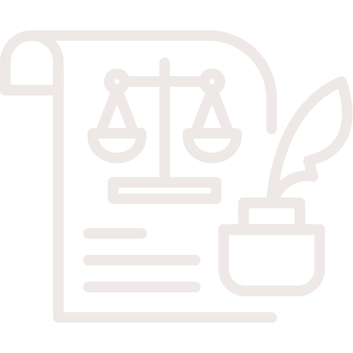 Outline of a legal document with a scale of justice icon and a quill pen.