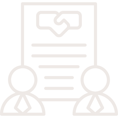 Line drawing of two businesspeople facing each other with a contract and handshake icon above them.