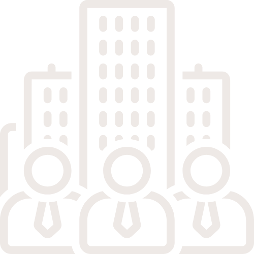 Line drawing of three businesspeople in suits with a city skyline in the background.
