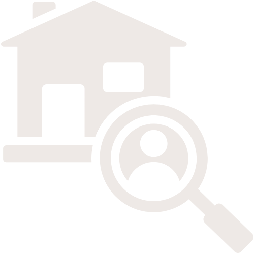A house with a person icon and a magnifying glass, representing real estate or property search.