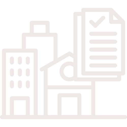 Illustration of buildings, a document with a checkmark, and a pie chart, symbolizing business analysis or report.