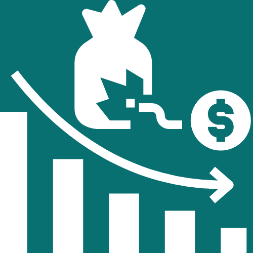 A white rice bag with a dollar sign symbol and a declining line graph, illustrating economic decline or loss.