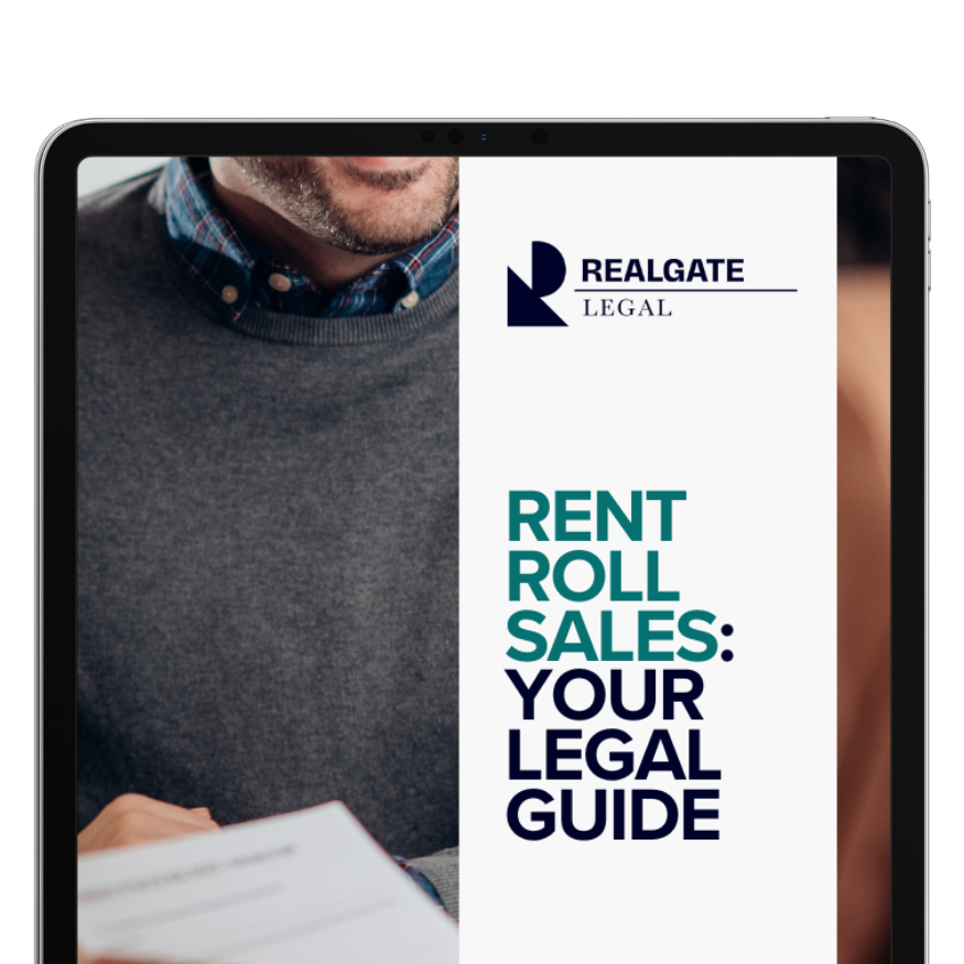 Cover of a legal guide titled 'Rent Roll Sales: Your Legal Guide' by Realgate Legal, featuring a man in a gray sweater and blue shirt reading a document.