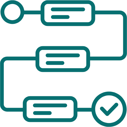 Diagram of a flowchart with three interconnected rectangles and a checkmark in a circle.