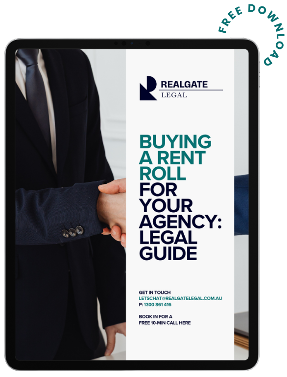 Close-up of two people shaking hands, dressed in business suits, with an overlay of a legal guide titled 'Buying a Rent Roll for Your Agency: Legal Guide' from RealGate Legal, including contact information and a free consultation offer.