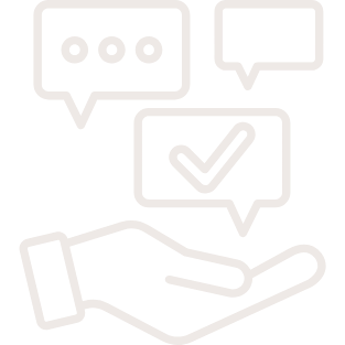 Outline of a hand with speech bubbles showing a question mark, a checkmark, and a blank message box.
