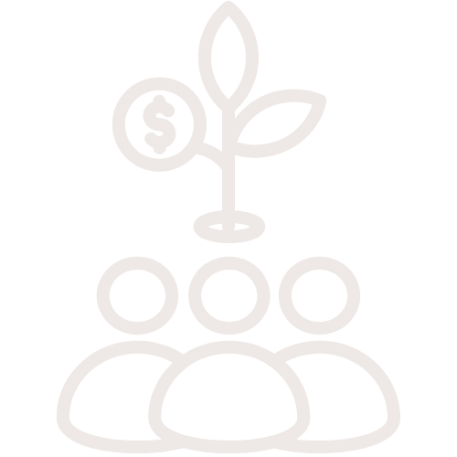 A line drawing of a plant growing from a cluster of coins, with a dollar symbol on one of the leaves, symbolizing financial growth or investment.