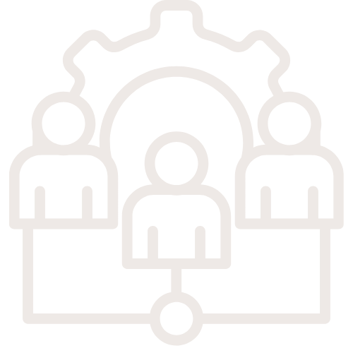 Outline of three people connected in a network, with a gear symbol in the background.