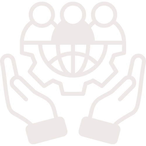 Outline of two hands holding a gear with a globe and three people icons above it, symbolizing teamwork and global cooperation.