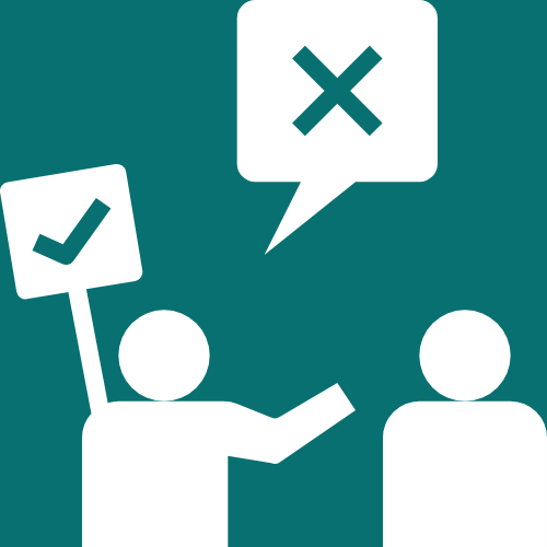 Two simplified human figures engaged in a disagreement, with one holding a sign with a checkmark and the other with an X, indicating approval and disapproval respectively.