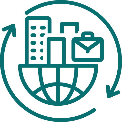 Icon of a globe with a city skyline, briefcase, and upward arrow surrounding it, representing global business and international communication.