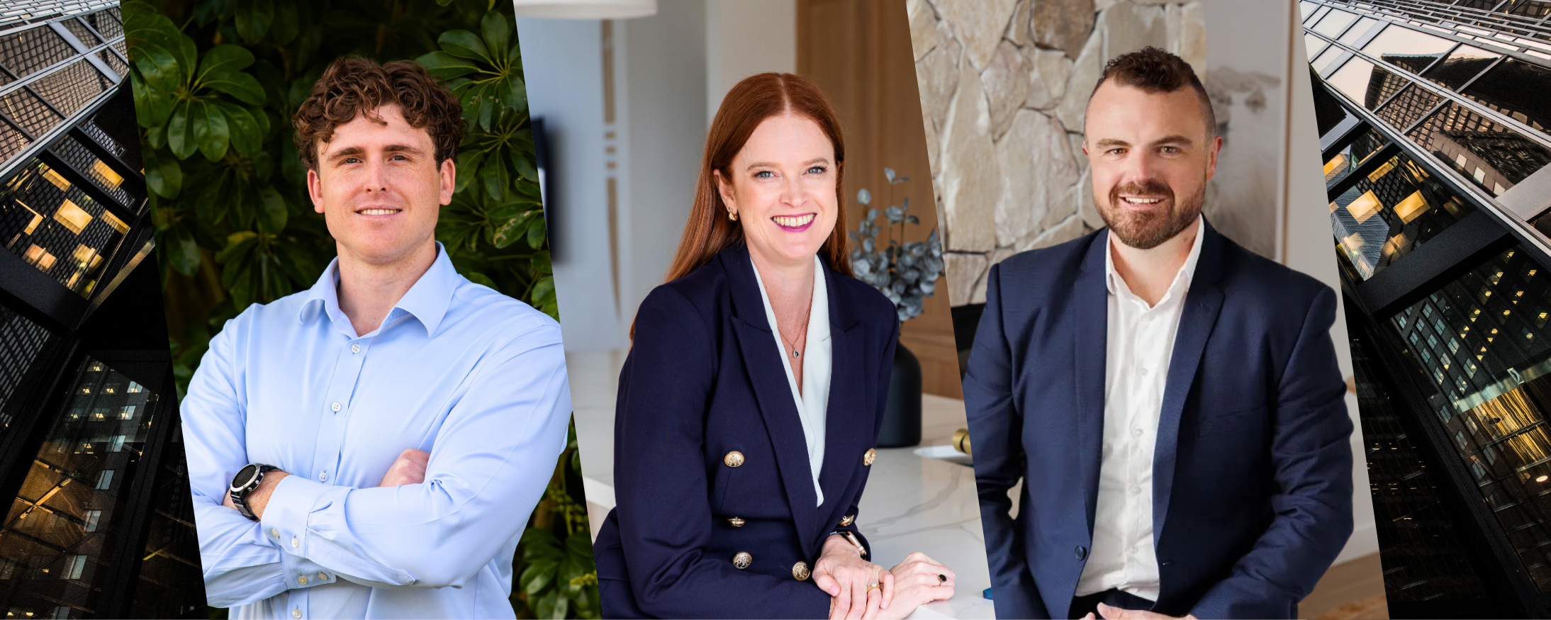 Collage of three professionals, two men and one woman, in business attire, smiling, in an office setting with city skyscrapers in the background.