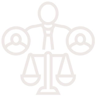 Line drawing of a person with two other people connected above them, and a scale of justice below.