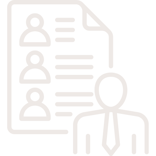 Icon of a person in a suit and tie standing in front of a list with three profile pictures and lines of text.