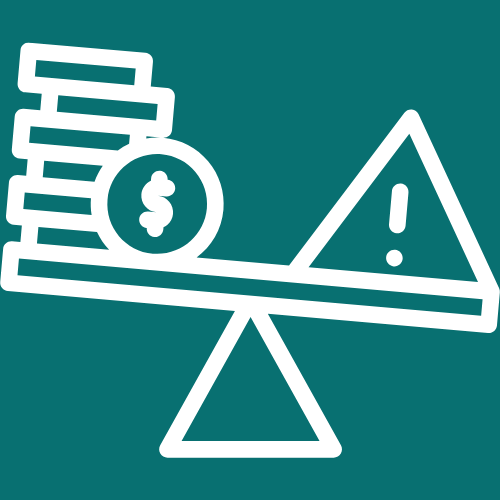 Line of stacked coins and a dollar sign on a seesaw with a warning triangle containing an exclamation mark, symbolizing financial risk or imbalance.