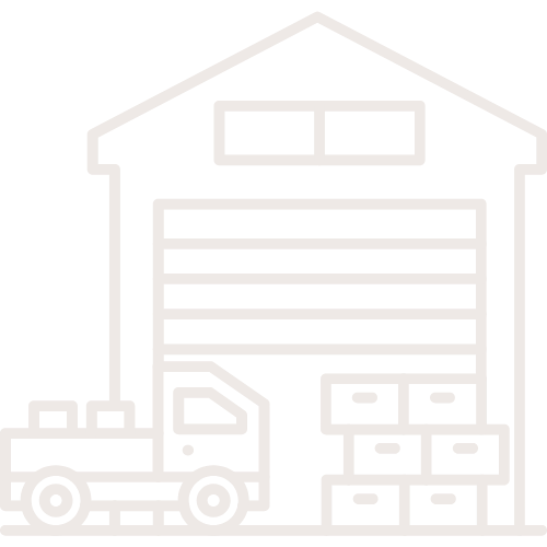 Outline drawing of a warehouse with a truck parked outside and boxes nearby.
