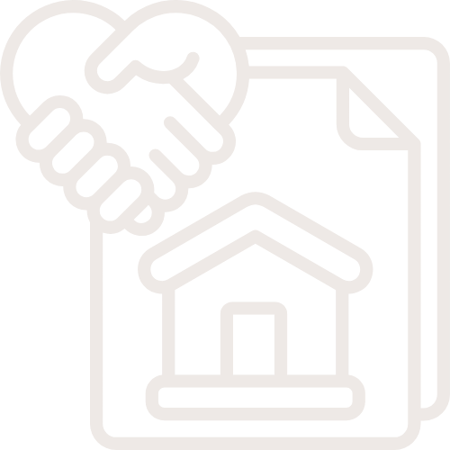 Icon of two hands shaking above a document with a house symbol, representing real estate agreement or contract.