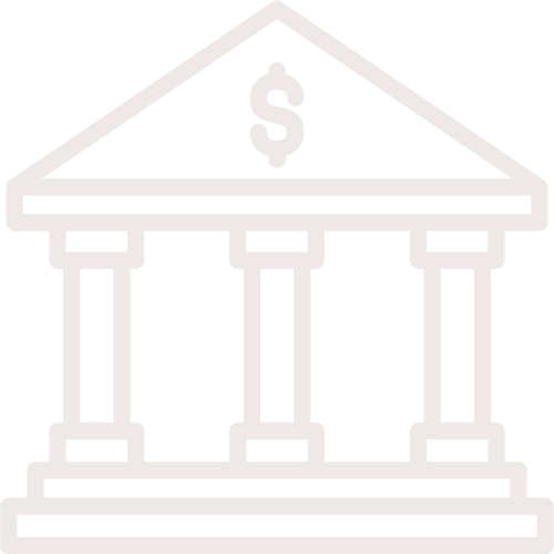 Icon of a bank with four columns and a dollar sign above the roof.