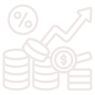 Icons of coins, a magnifying glass with a dollar sign, a percentage symbol, and an upward trending arrow representing financial growth and investment