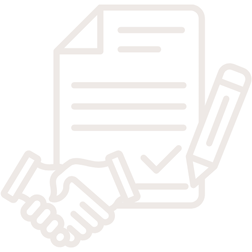 Icon of a handshake, a document with checkmarks, and a pen, representing agreement or signing a contract.