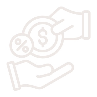 Two hands exchanging a dollar coin with a percentage symbol and dollar sign around it.