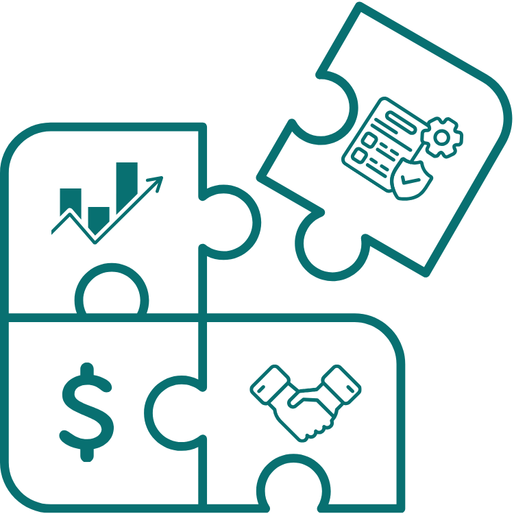 Four interconnected puzzle pieces with icons representing data analysis, digital marketing, finance, and partnership.