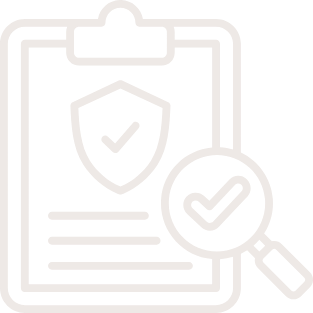 Clipboard with a shield and checkmark, magnifying glass with a checkmark, symbolizing security and inspection.