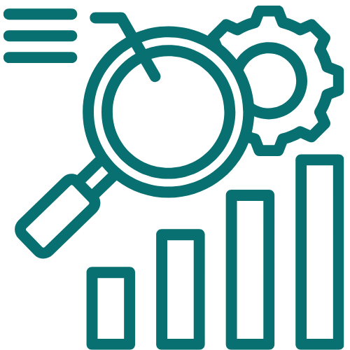 Icon of a magnifying glass over a bar chart, with a gear symbol in the background, representing analysis or optimization.