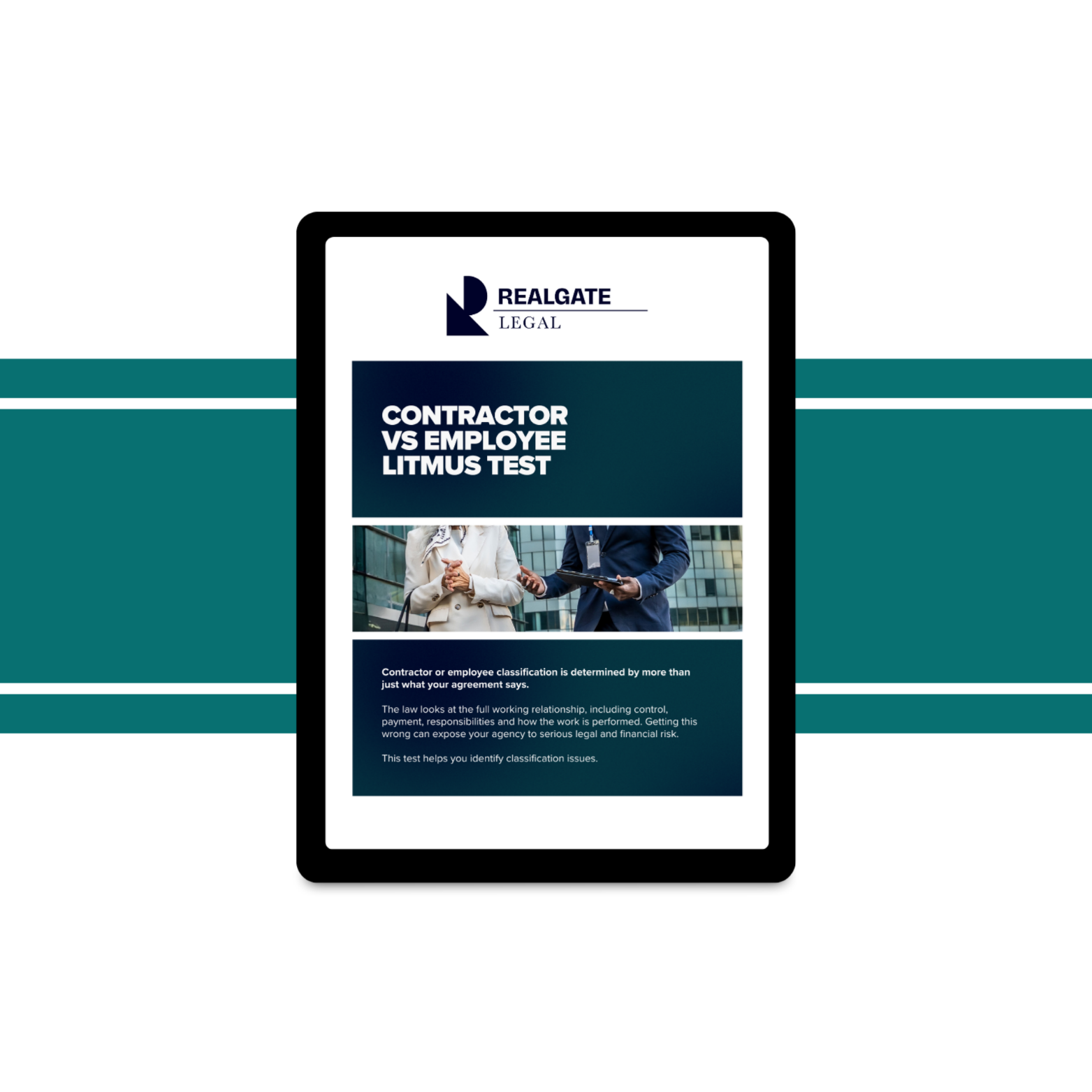 Document titled "Contractor vs Employee Litmus Test" from Realgate Legal, featuring an image of two business professionals shaking hands in a modern office building.