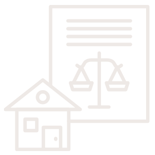 Line drawing of a house, a scale of justice, and a document with lines of text.