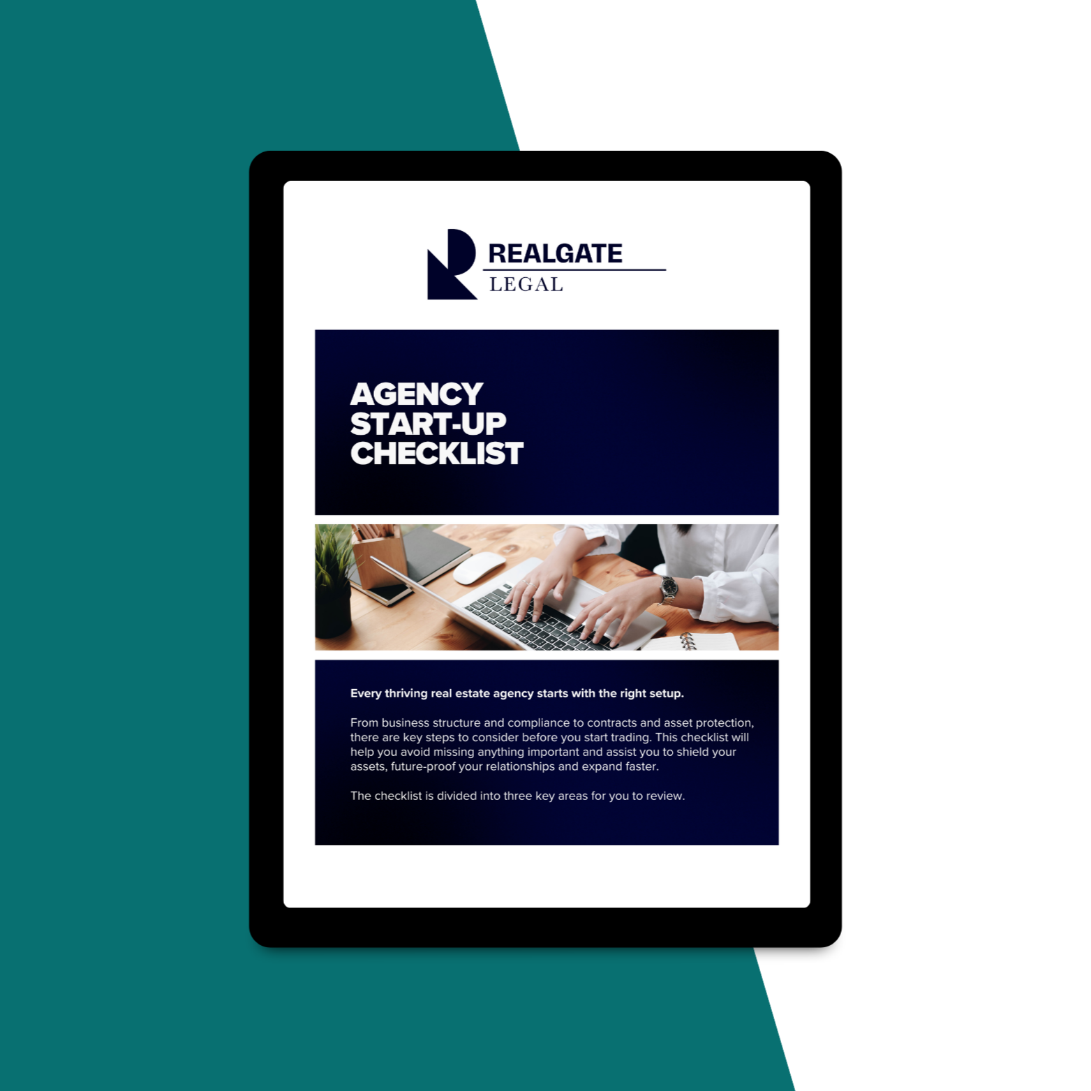 A digital marketing document titled 'Agency Start-up Checklist' from RealGATE Legal, featuring a photo of a person typing on a laptop at a desk with a plant, notebook, and mouse.